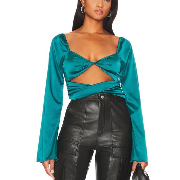 Revolve Teal Satin Crop Top SMALL Going Out Long Sleeve More to Come Cyntia NEW - Picture 1 of 8